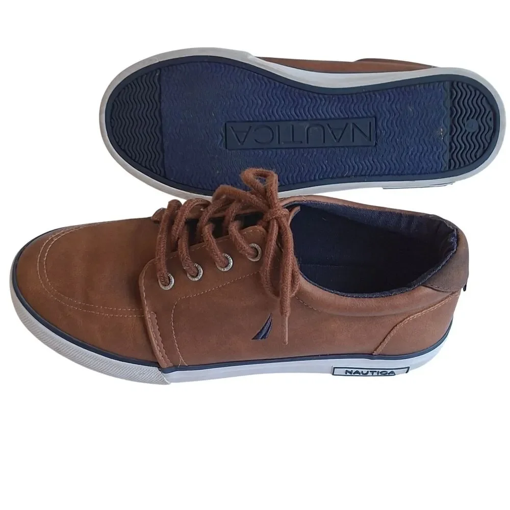 Nautica Boys Brown Faux Leather Low Top Sneakers Lace Up Casual Shoes GOOD